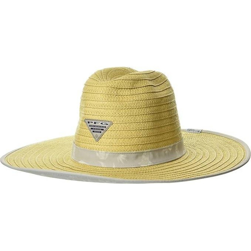 Columbia PFG Baha Straw Sun Hat Cool Grey Reel Shores Print Unisex Wide Brim